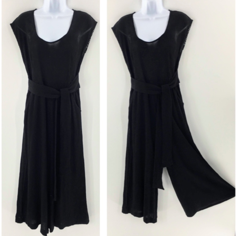 Anthropologie Wide Leg Jumpsuit Black Abbey Sleeveless Cropped Tie Waist Sz 2